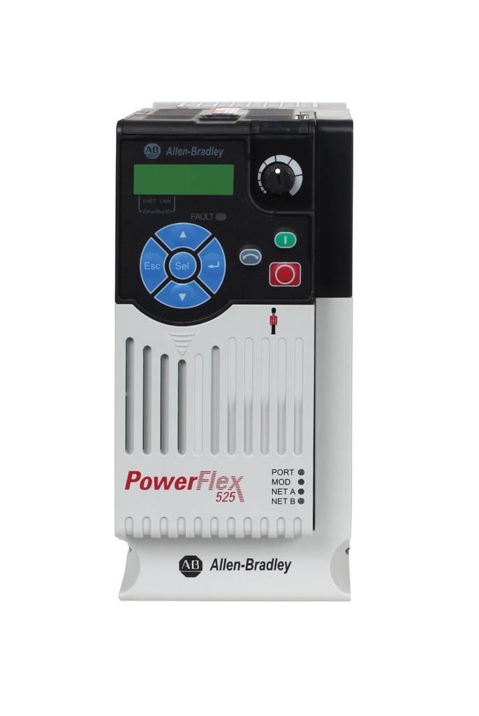 PowerFlex 525 AC Sürücü, Gömülü EtherNet/IP ve Güvenlik, 525...600V AC, 3 Faz, 6,6 Amper, 5 Hp, 4 kW Normal Görev; 5 Hp, 4 kW Ağır Görev, Çerçeve B, IP20 NEMA / Açık Tip, Filtresiz image