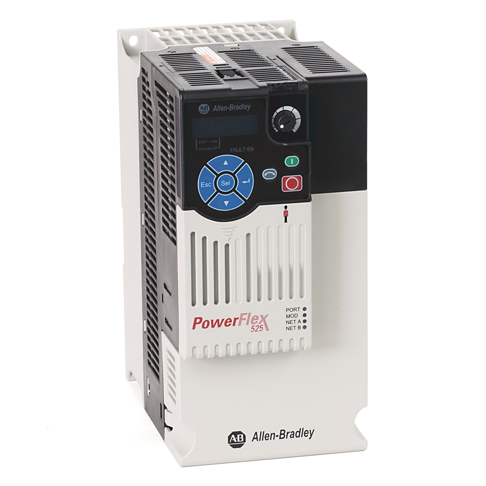 PowerFlex 525 AC Sürücü, Gömülü EtherNet/IP ve Güvenlik, 525...600V AC, 3 Faz, 9,9 Amper, 7,5 Hp, 5,5 kW Normal Görev; 7,5 Hp, 5,5 kW Ağır Görev, Çerçeve C, IP20 NEMA / Açık Tip, Filtre Yok