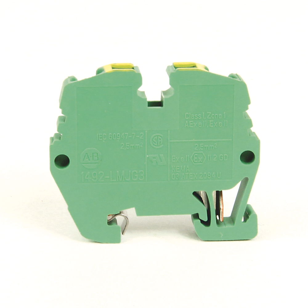 Yaylı Kelepçe Terminal Bloğu, Mini ray montajı, Jumper özellikli Geçişli Toprak Bloğu, 2,5 mm (# 22 AWG - # 14 AWG), Standart Geçiş, Yeşil / Sarı Şerit (Standart),