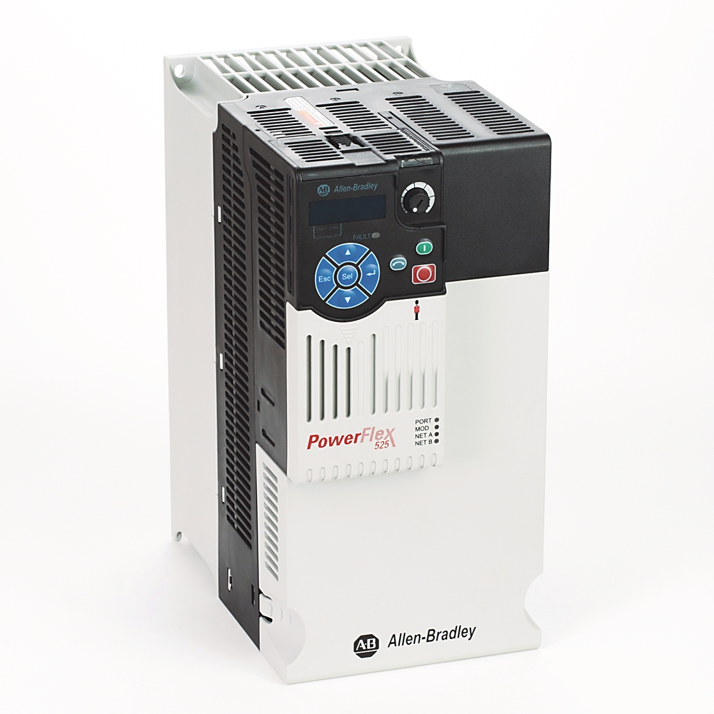 PowerFlex 525 AC Sürücü, Gömülü EtherNet/IP ve Güvenlik, 380...480V AC, 3 Faz, 30 Amper, 20 Hp, 15 kW Normal Görev; 15 Hp, 11 kW Ağır Görev, Çerçeve D, IP20 NEMA / Açık Tip, Filtresiz