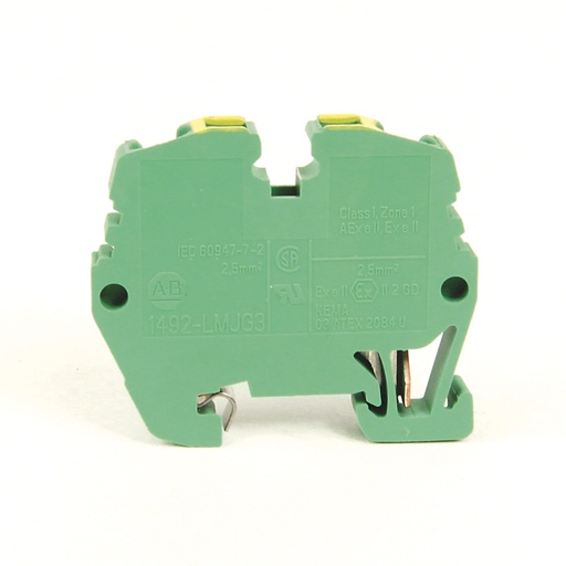 [1492-LMJG3] Yaylı Kelepçe Terminal Bloğu, Mini ray montajı, Jumper özellikli Geçişli Toprak Bloğu, 2,5 mm (# 22 AWG - # 14 AWG), Standart Geçiş, Yeşil / Sarı Şerit (Standart),