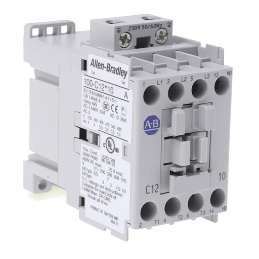[100-C12KF10] Kontaktör, 12 A, 230V 50/60 Hz, AC, 3 Normalde Açık Kutup, 230V AC 50/60 Hz, 1 NO Kontak ve 0 NC Kontak, Tekli Paket